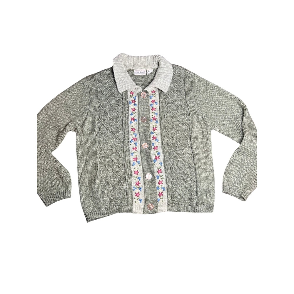 Fashion Bug Embroidered Cable Knit Cardigan Sweater Women's Size L Green Floral